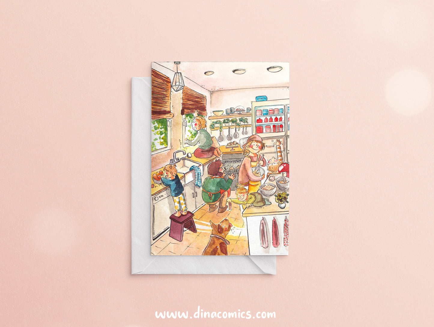Postal de Navidad familiar - familia en la cocina