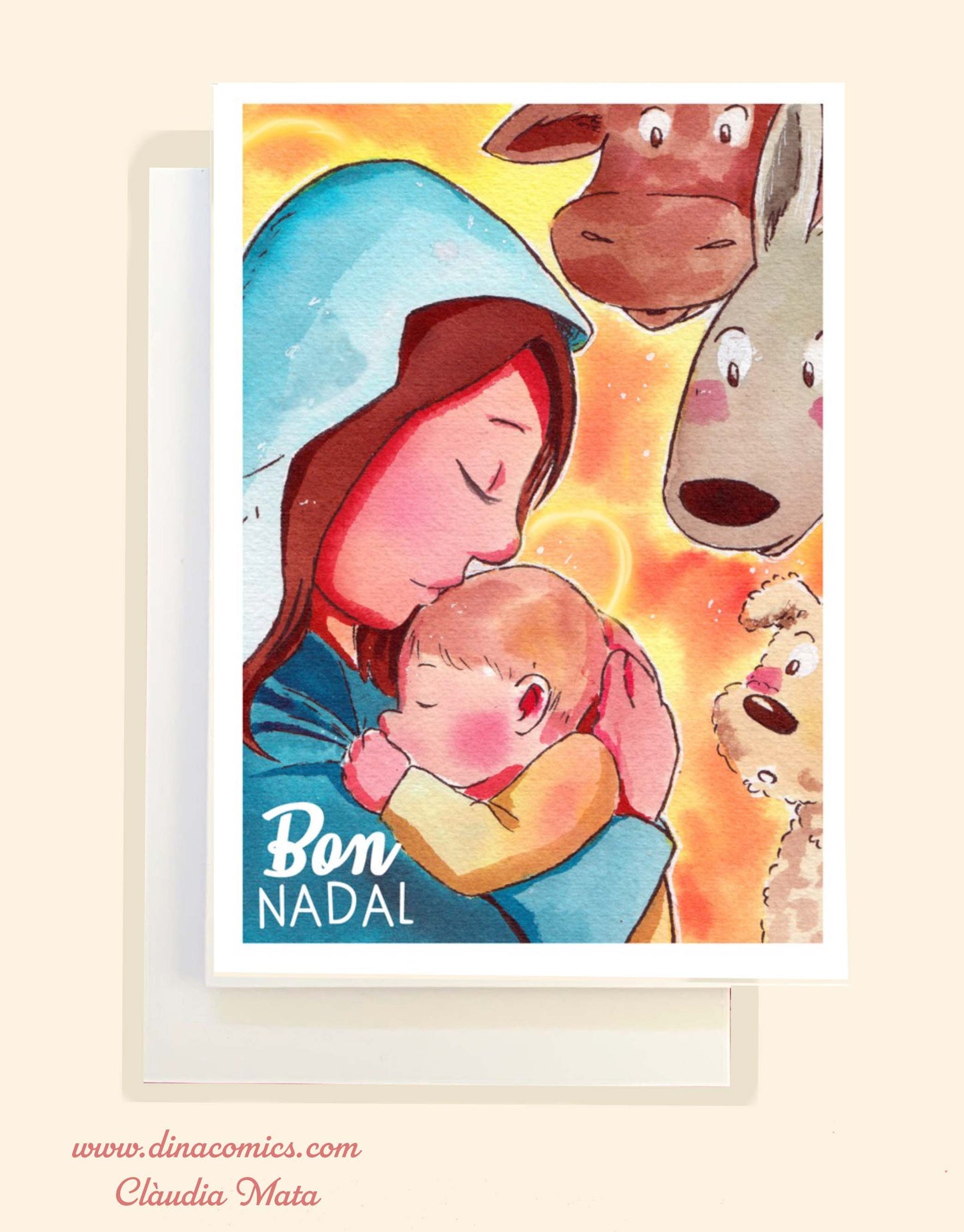 Postal de Navidad católica ilustración Vírgen María y niño Jesús #2