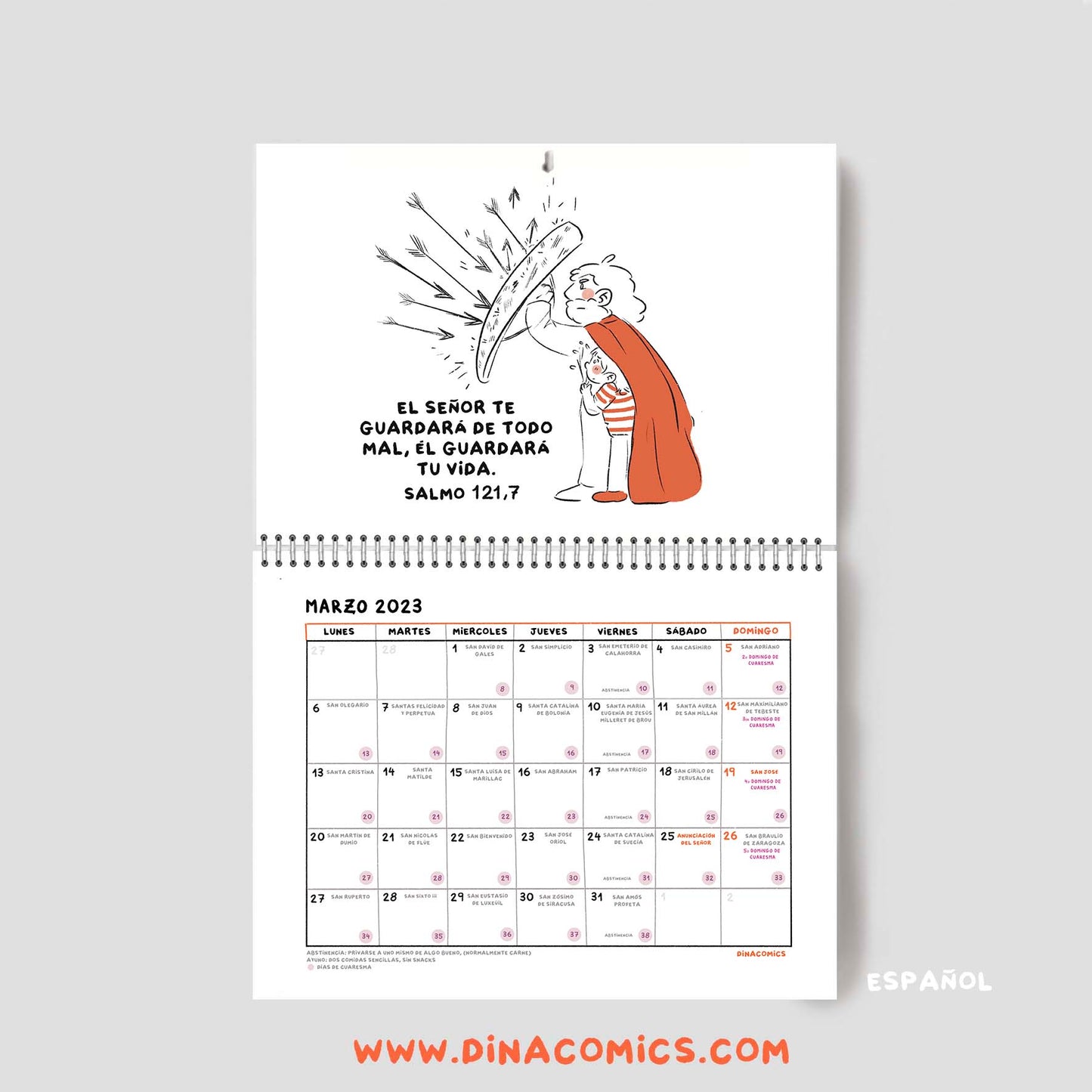 Calendario católico de pared 2024 dinacomics, 12 cómics (wall calendar)