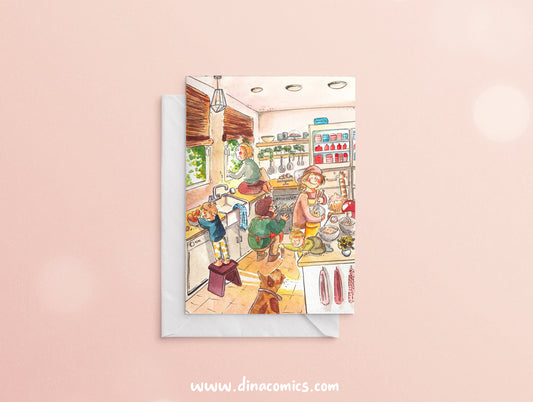 Postal de Navidad familiar - familia en la cocina