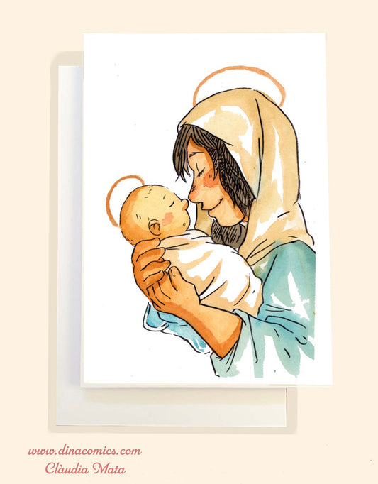 Postal de Navidad católica ilustración Vírgen María y niño Jesús #1