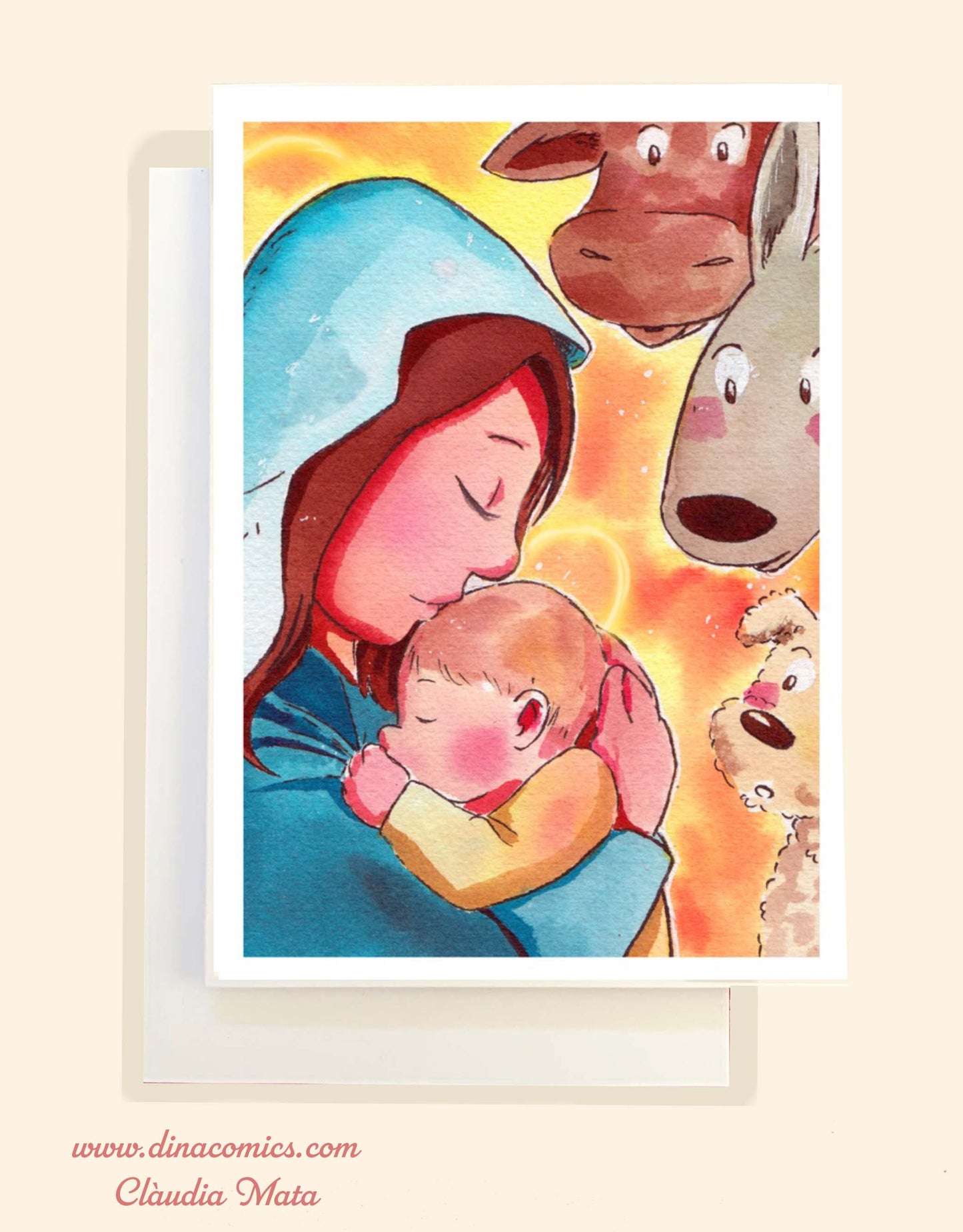 Postal de Navidad católica ilustración Vírgen María y niño Jesús #2