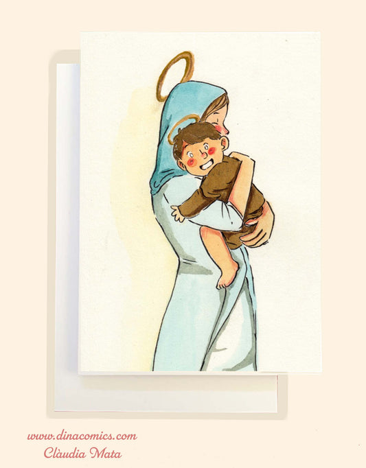 Postal de Navidad católica ilustración Vírgen María y niño Jesús #3
