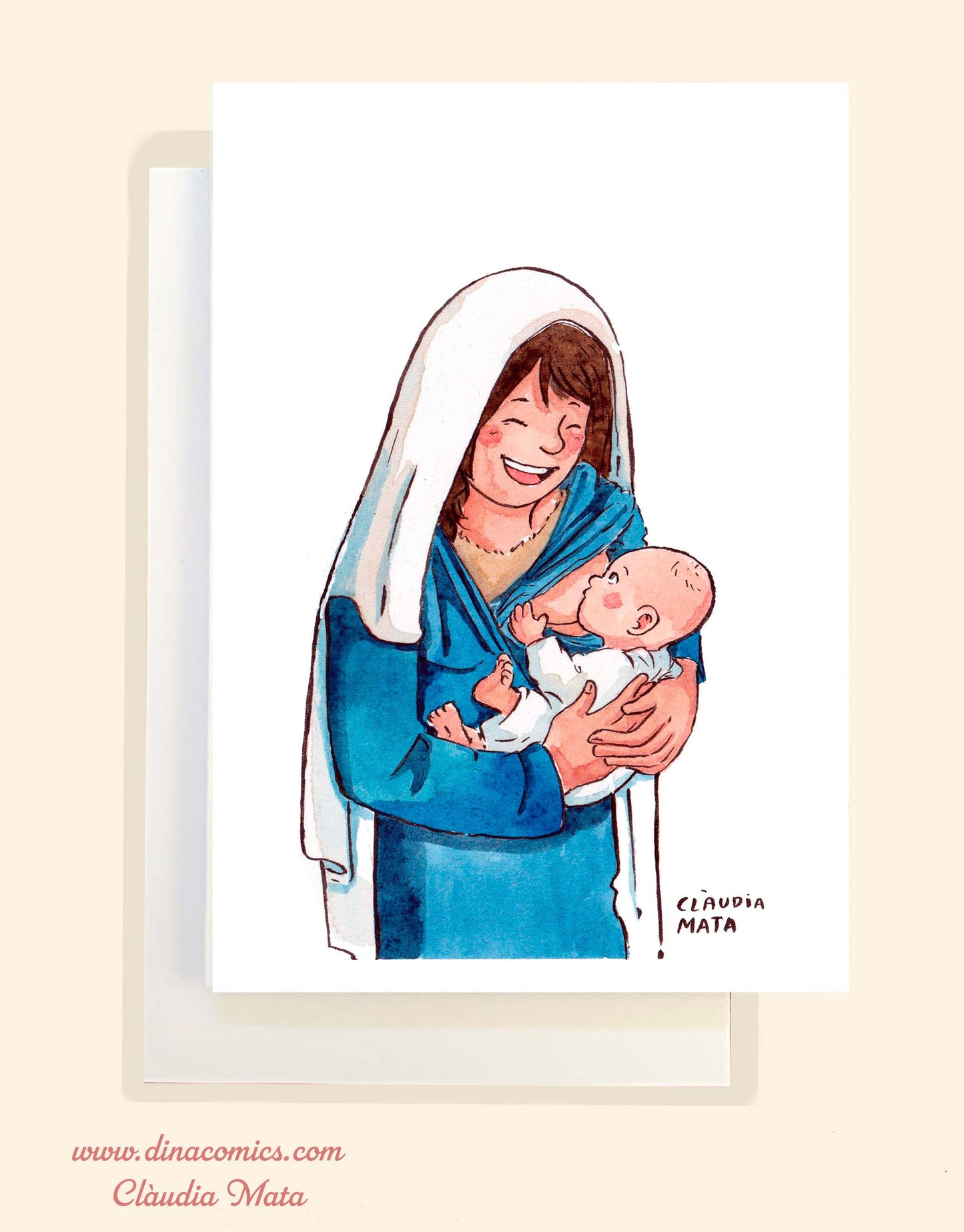 Postal de Navidad católica ilustración Vírgen María y niño Jesús #4